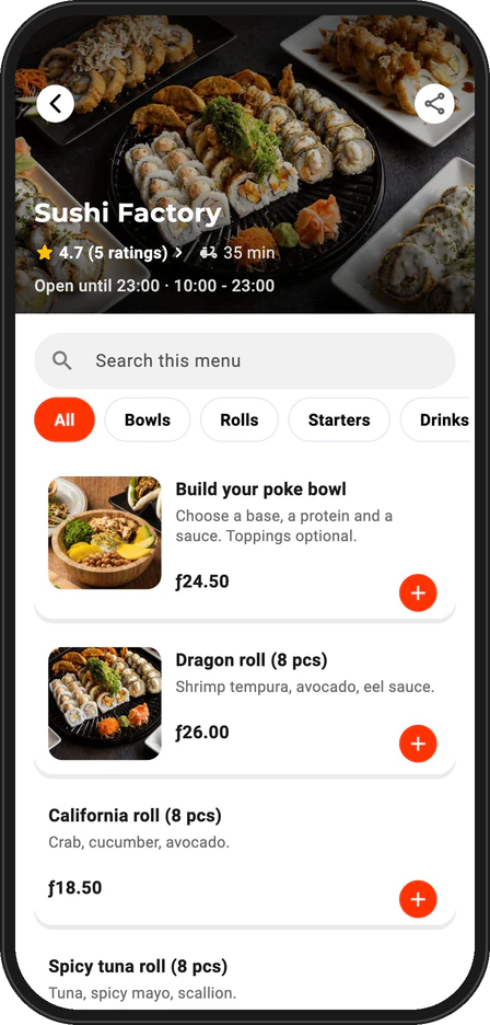 VapVap app restaurant menu screen